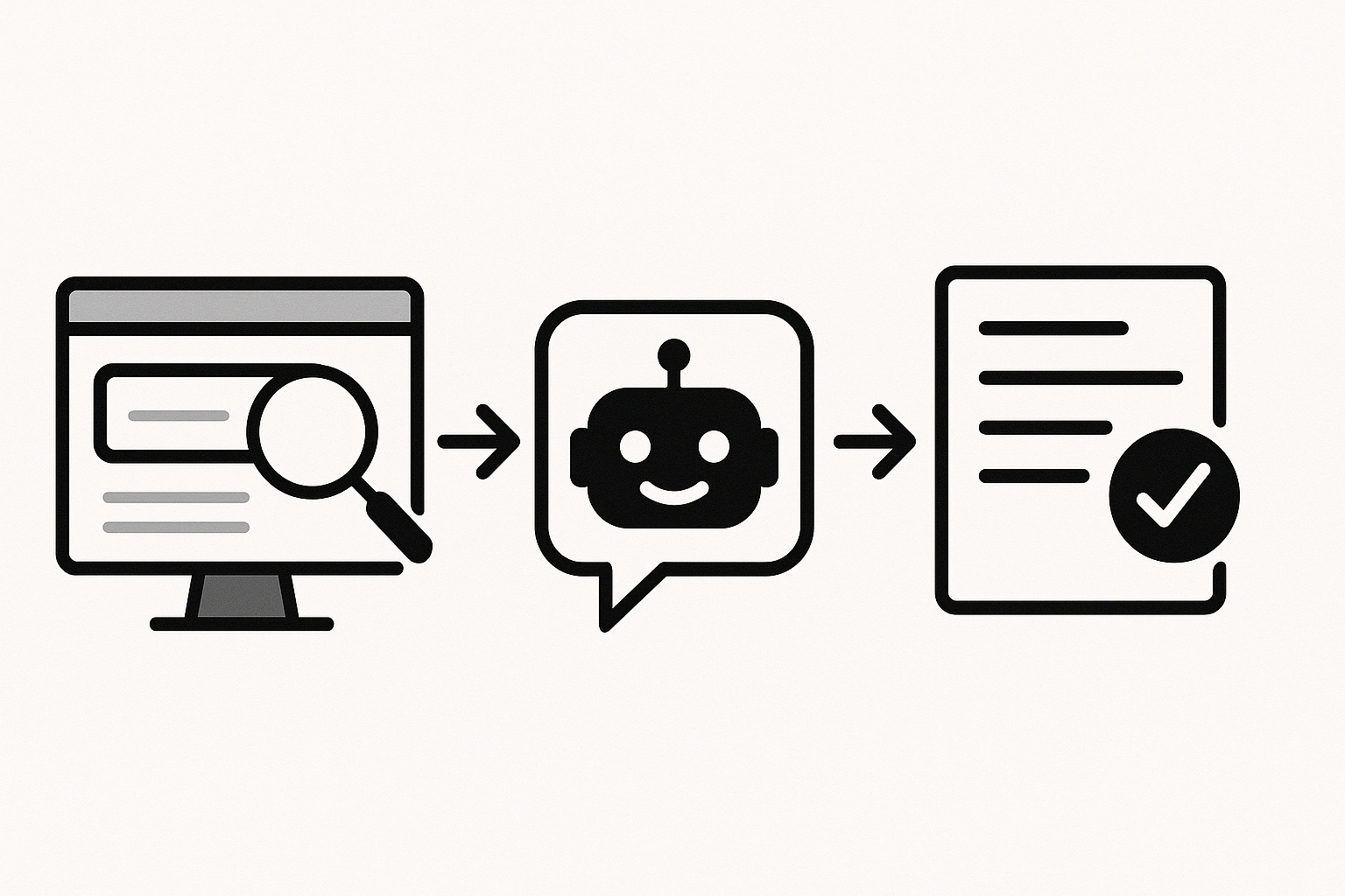Answer Engine Optimization illustration with search input, AI chatbot, and validated answer result, representing the AEO workflow.